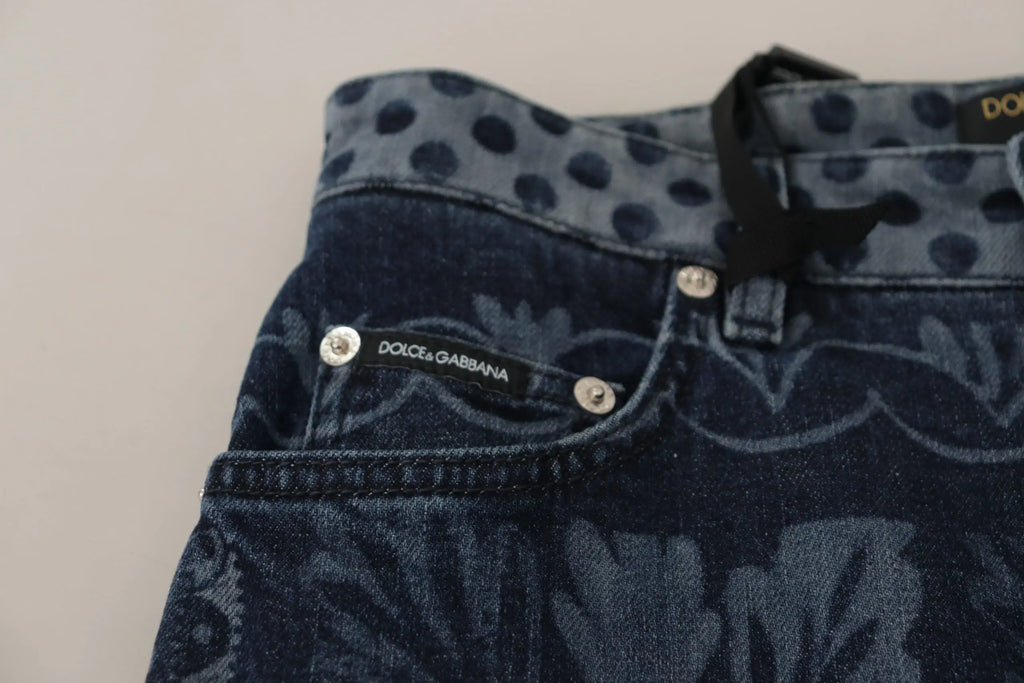 Jean skinny en denim bleu dolce gabbana avec motif floral subtil et ceinture à pois contrastante taille haute