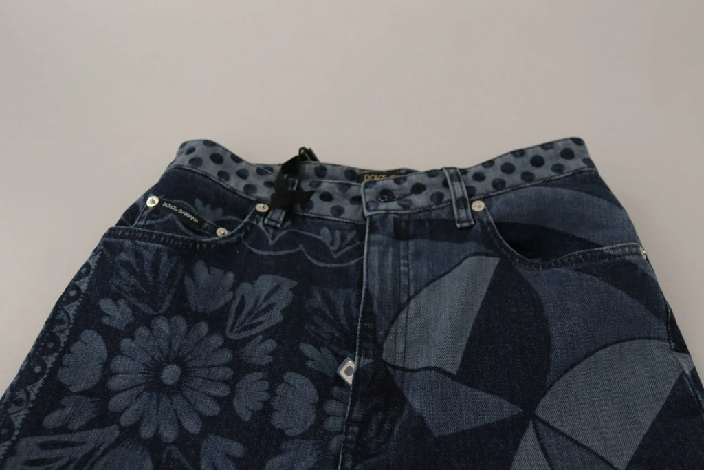 Jean skinny taille haute bleu dolce gabbana en denim avec motif floral et géométrique et ceinture à pois noirs