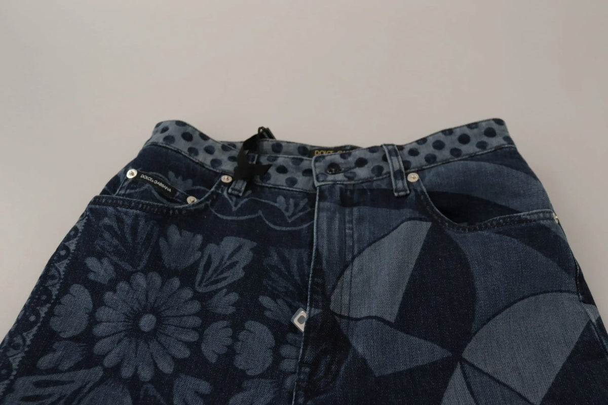 Jean skinny taille haute bleu dolce gabbana en denim avec motif floral et géométrique et ceinture à pois noirs