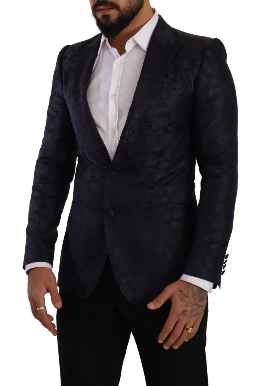 Blazer dolce & gabbana bleu marine en jacquard de soie avec broderie florale détaillée sur tissu texturé subtil