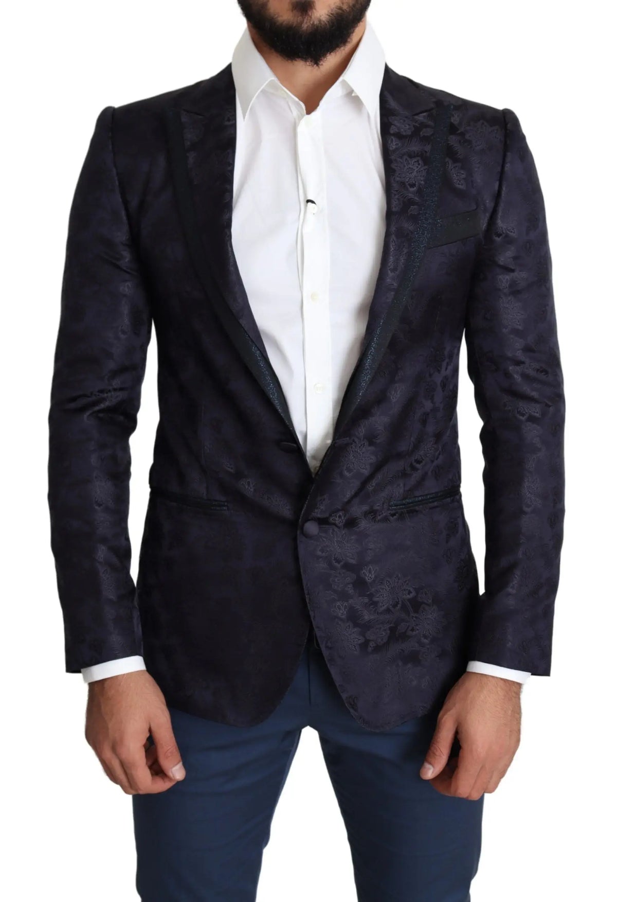 Blazer dolce & gabbana martini bleu marine avec motif floral jacquard en soie texturée