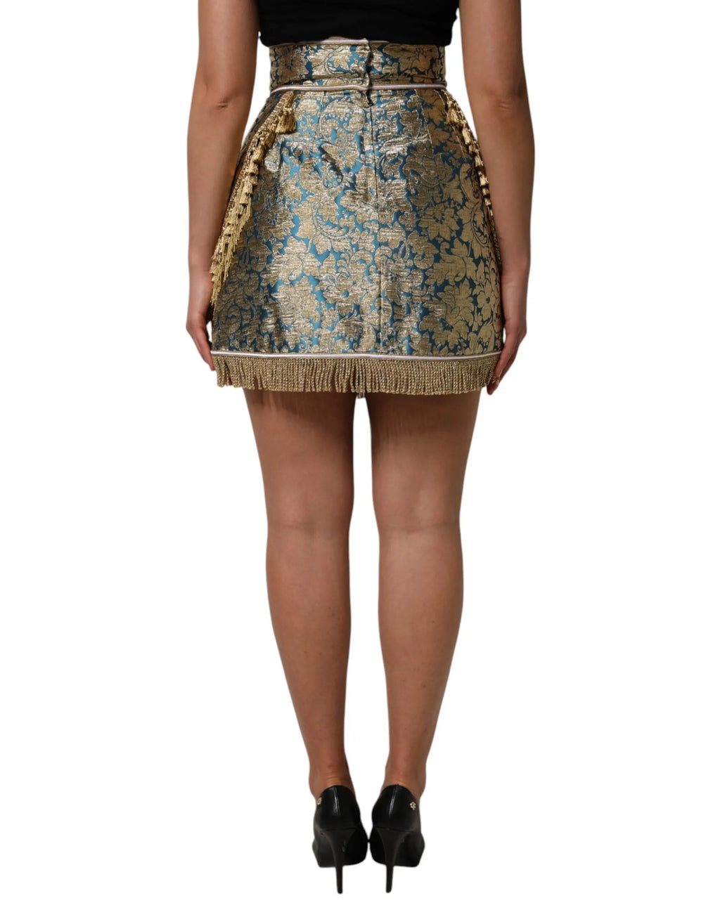 Mini jupe jacquard bleu floral de dolce & gabbana avec ceinture assortie, franges et pampilles latérales dorées et bleues