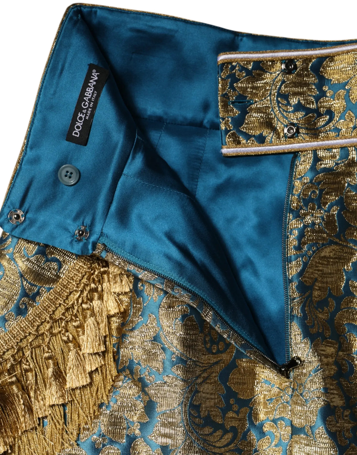 Dolce & gabbana bleu jupe mini jacquard fleurie avec broderie or et borde tassel en tissu teal