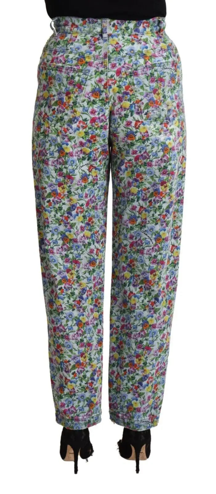 Dolce & gabbana jean denim à jambe large bleu clair à taille haute avec motif floral multicolore délicat