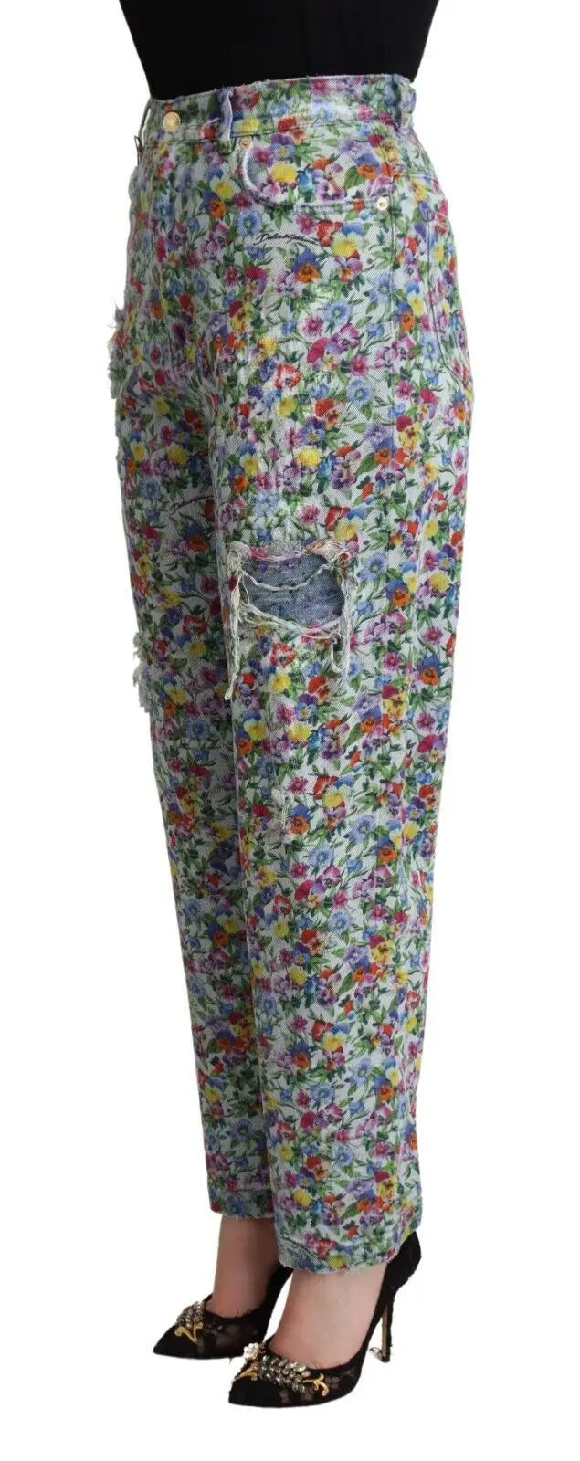 Jean denim bleu à taille haute dolce & gabbana avec imprimé floral et effets déchirés tendance