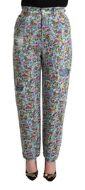 Jean denim tapered dolce gabbana bleu à taille haute avec imprimé floral et patches délavés usés