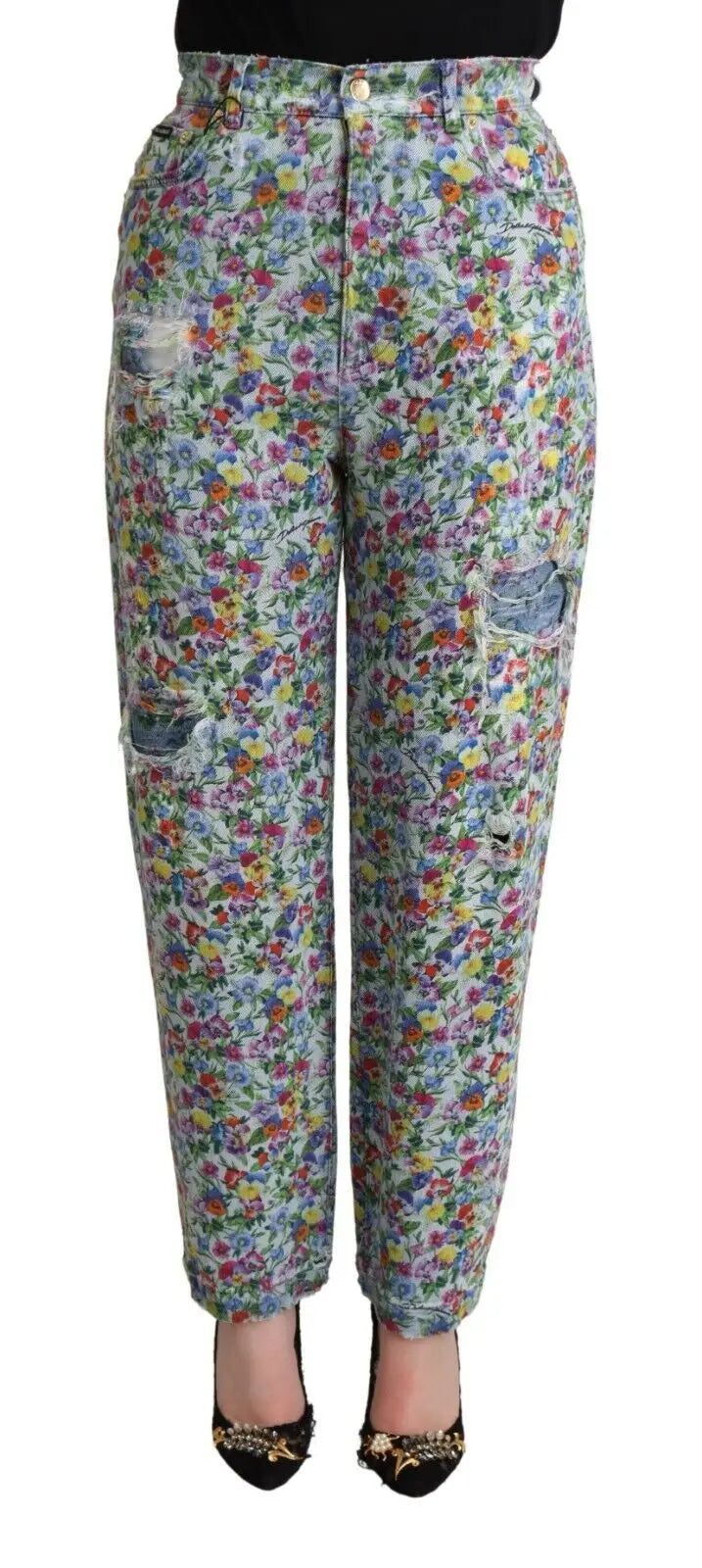 Jean denim tapered dolce gabbana bleu à taille haute avec imprimé floral et patches délavés usés