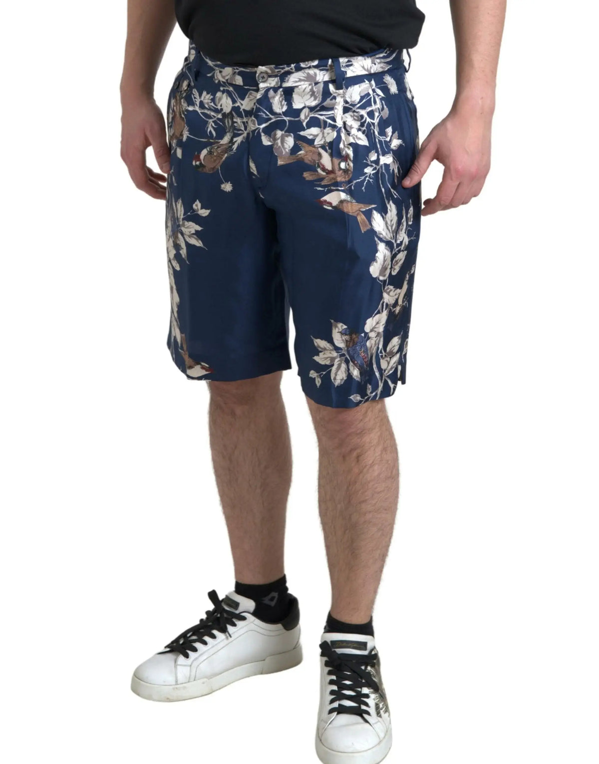 Navy blue dolce & gabbana bermuda shorts with detailed white beige and brown floral and bird silk print