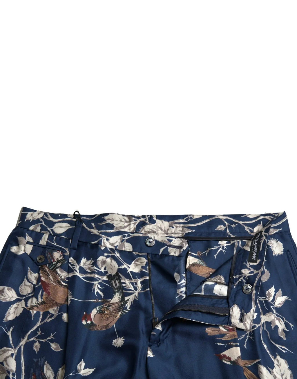 Pantalon bermuda en soie bleu marine dolce et gabbana avec motif d oiseaux et feuilles marron blanc gris