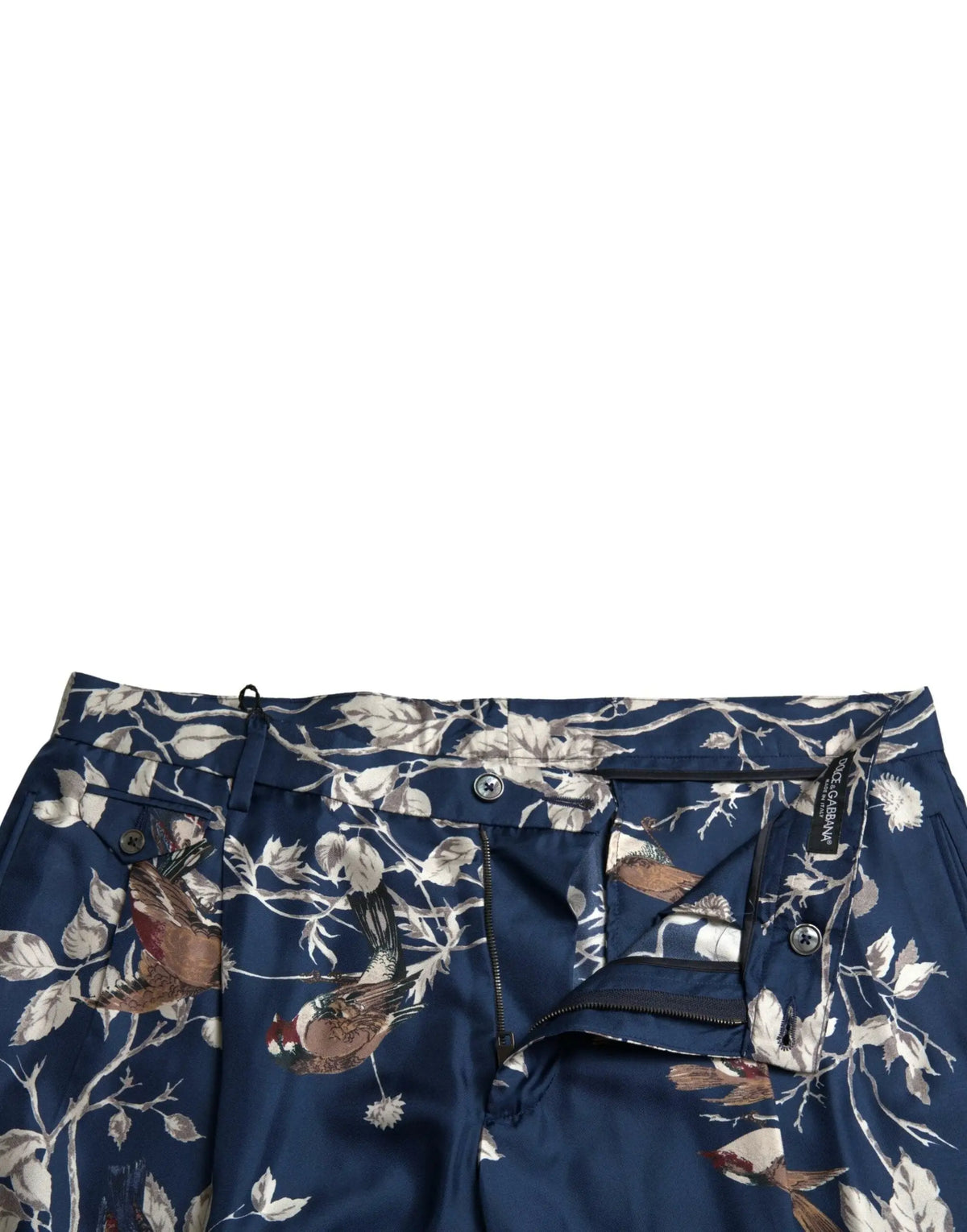 Pantalon bermuda en soie bleu marine dolce et gabbana avec motif d oiseaux et feuilles marron blanc gris