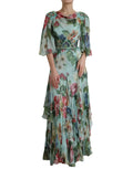 Robe longue maxi dolce gabbana bleu clair fluide à fleurs avec manches trois quarts et jupe à volants