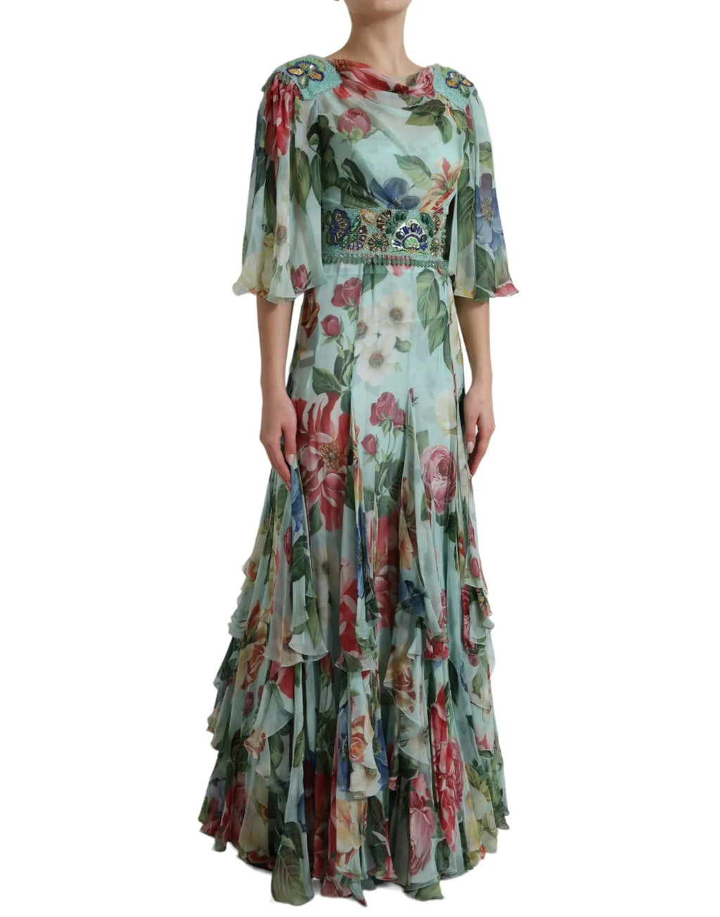 Robe longue maxi bleue dolce & gabbana à imprimé floral avec volants et broderies à la taille