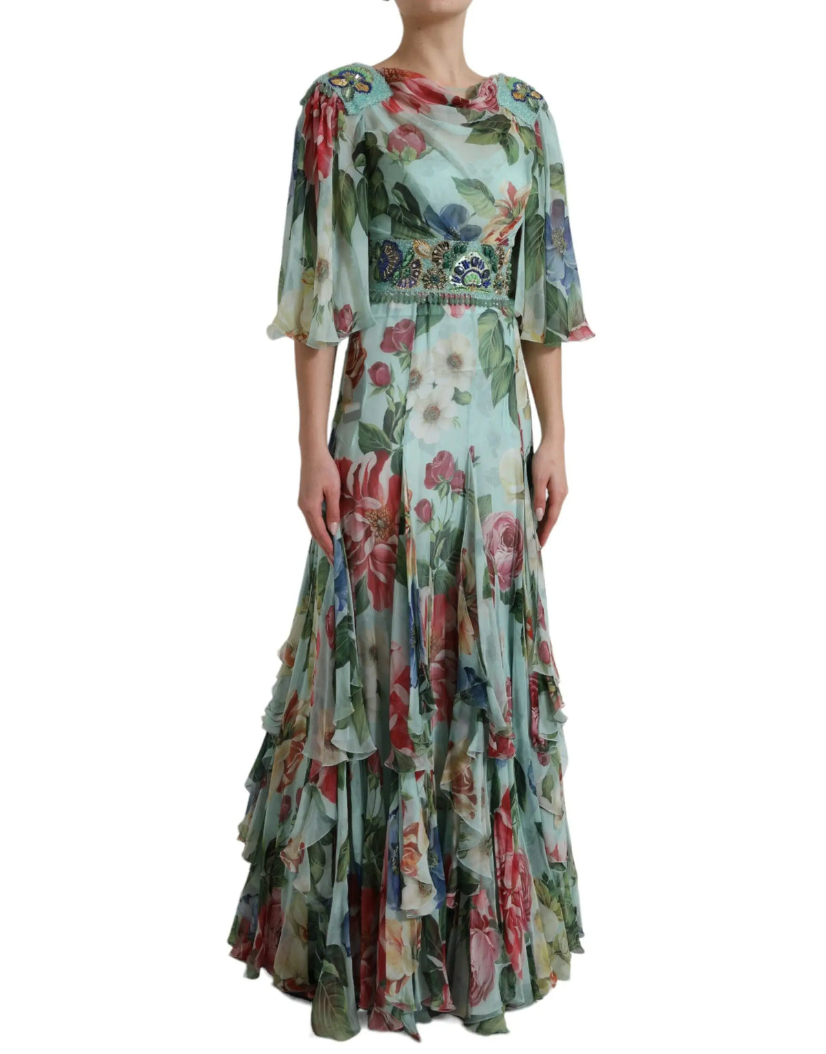 Robe longue maxi bleue dolce & gabbana à imprimé floral avec volants et broderies à la taille