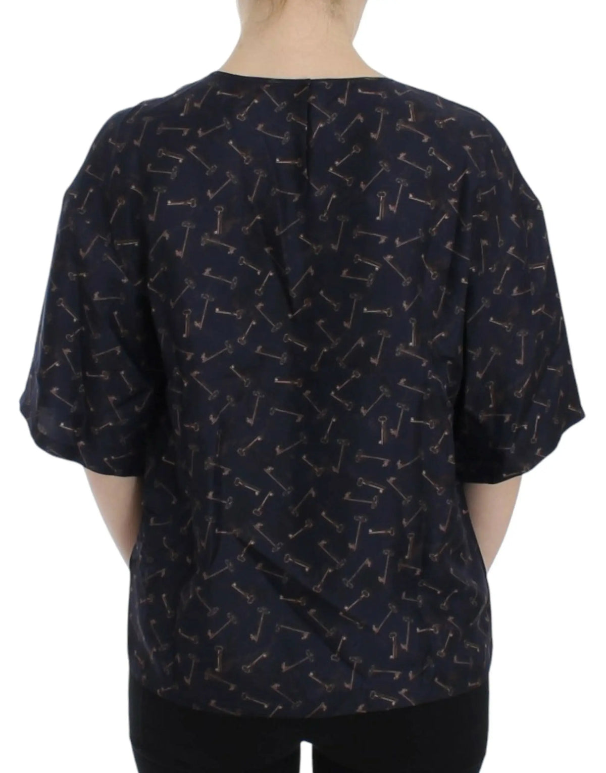 Blouse dolce & gabbana en soie bleu foncé avec motif clé doré métallique subtil réparti sur le tissu