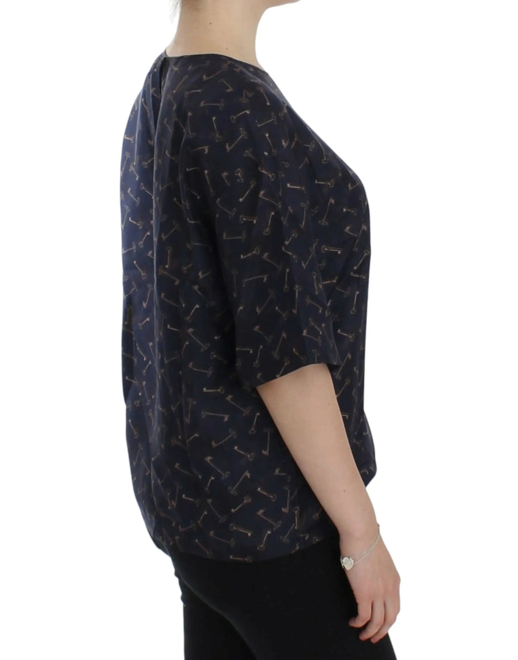 Blouse en soie dolce & gabbana bleu marine avec motif subtil de clés gris clair doré