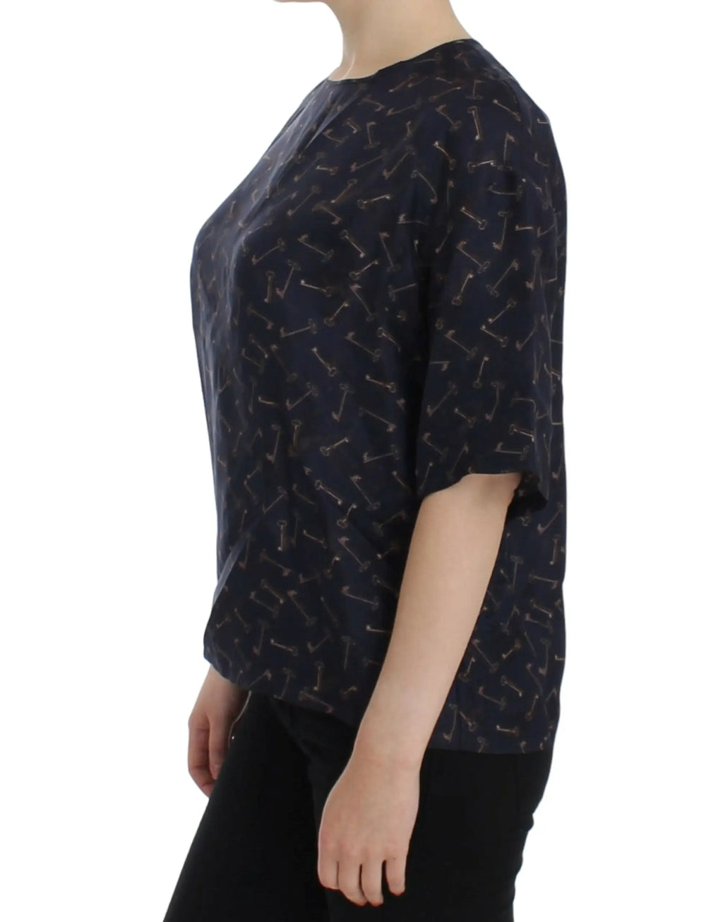 Blouse en soie dolce & gabbana bleu avec imprimé clé dorée et motif subtil de clés stylisées claires