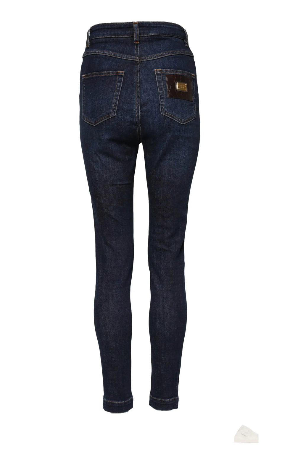 Jeans en denim bleu foncé dolce gabbana grace taille haute coupe skinny vue arrière avec patch doré sur la poche
