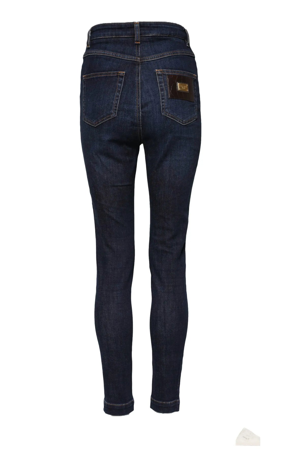 Jeans en denim bleu foncé dolce gabbana grace taille haute coupe skinny vue arrière avec patch doré sur la poche