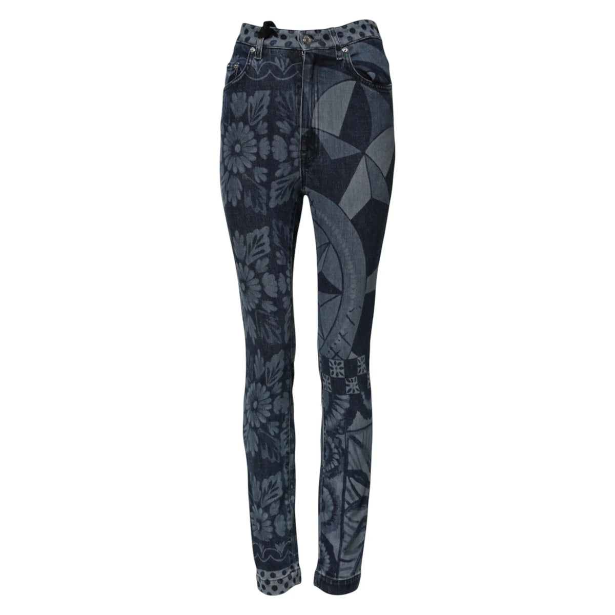 Jean skinny en denim coton bleu dolce & gabbana avec imprimé graphique audacieux floral et géométrique gris