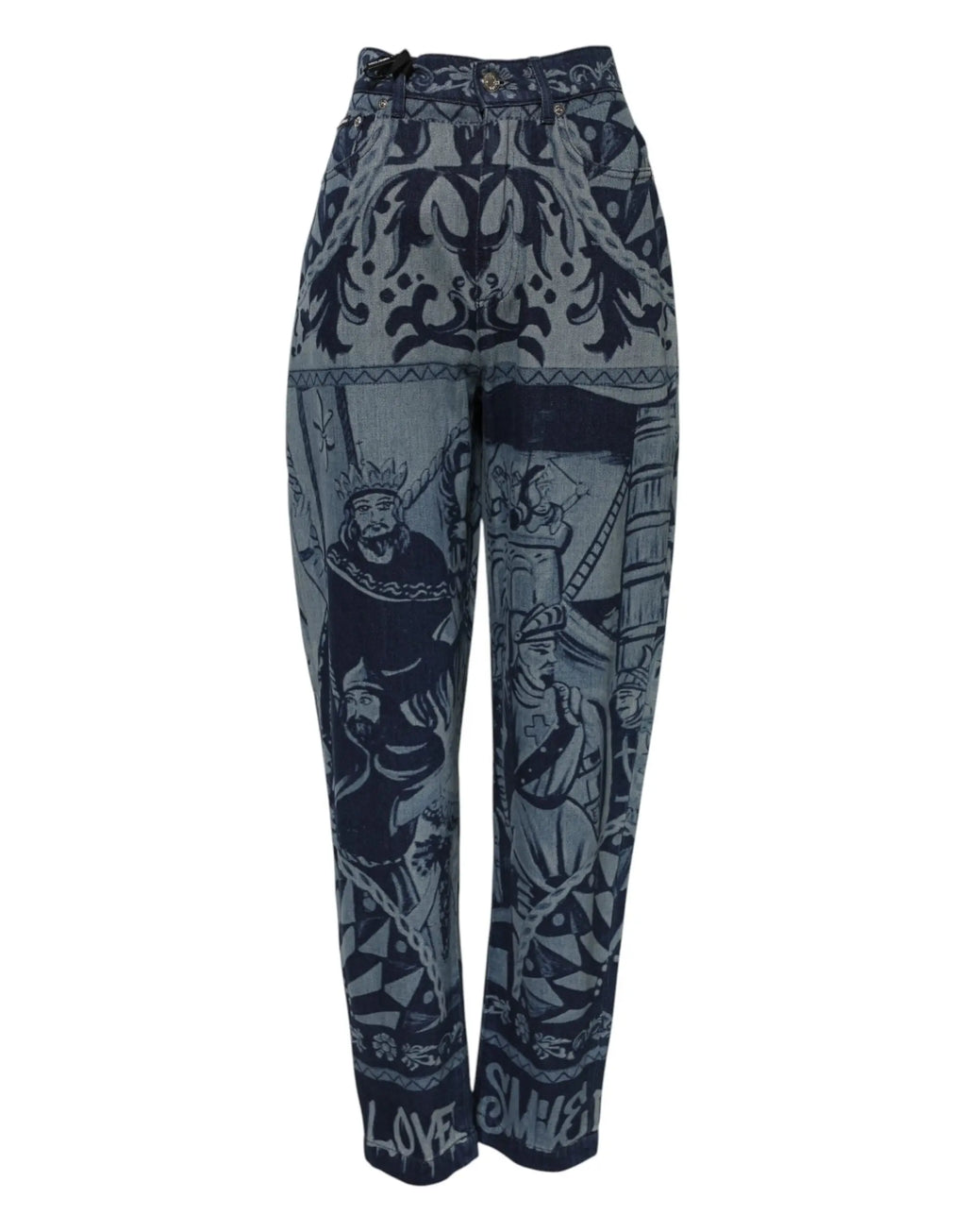 Pantalon taille haute dolce gabbana en denim bleu avec motif baroque gris illustrant des figures couronnées et chaînes