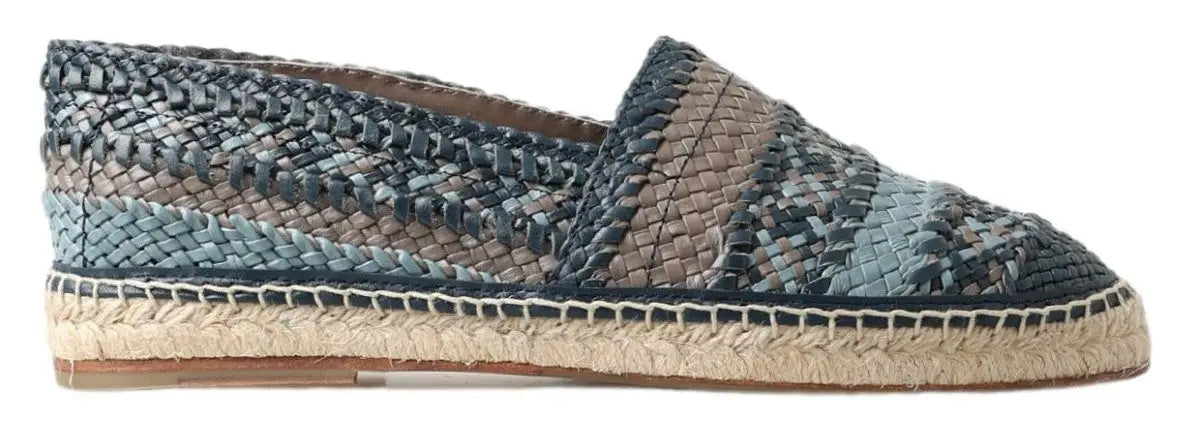 Espadrille slip-on dolce & gabbana en cuir bleu gris avec tige tissée bleue et beige et semelle en jute tressé classique