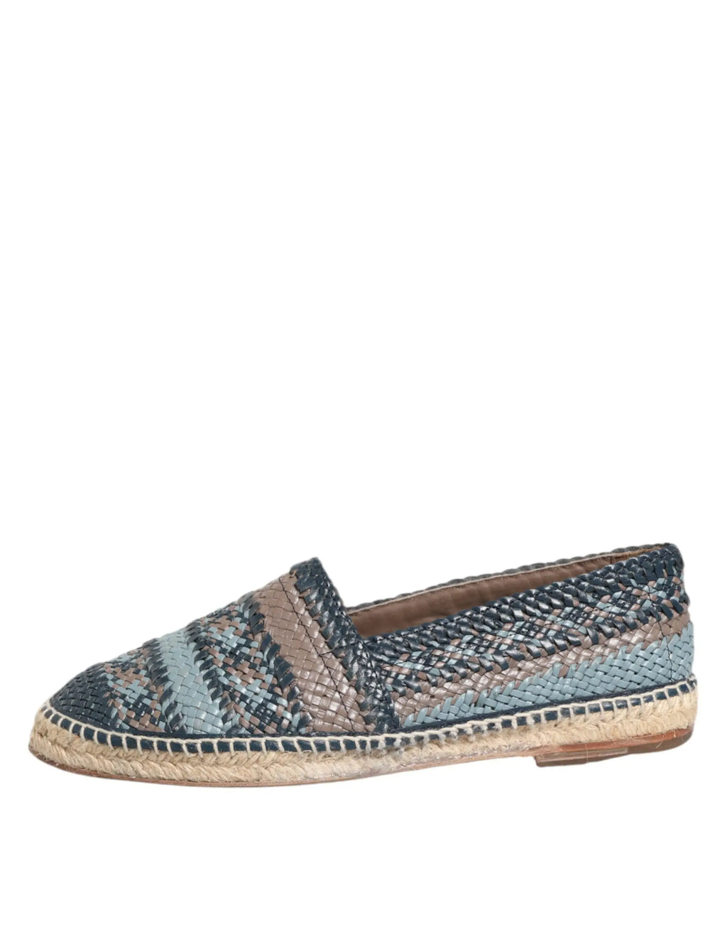Espadrille loafer dolce & gabbana en cuir tressé bleu gris avec rayures marine beige et bleu ciel et semelle en jute naturel