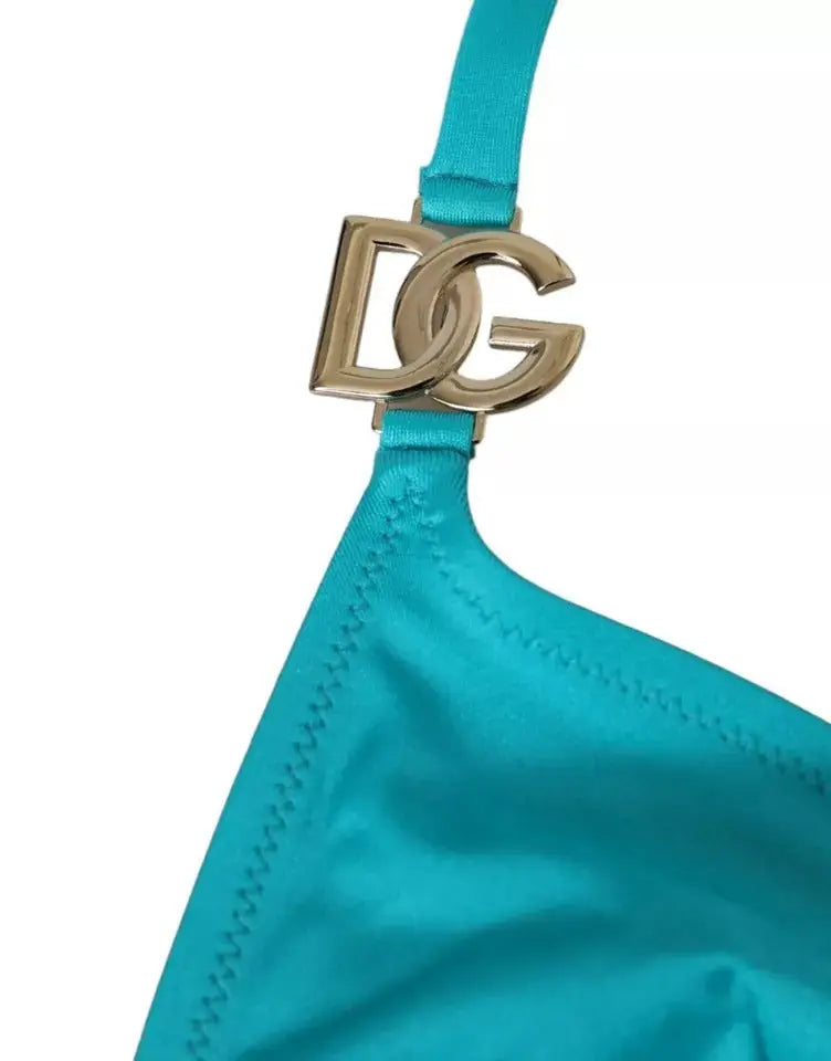 Haut de bikini turquoise en satin avec fermoir logo dg doré dolce gabbana pour plage et baignade