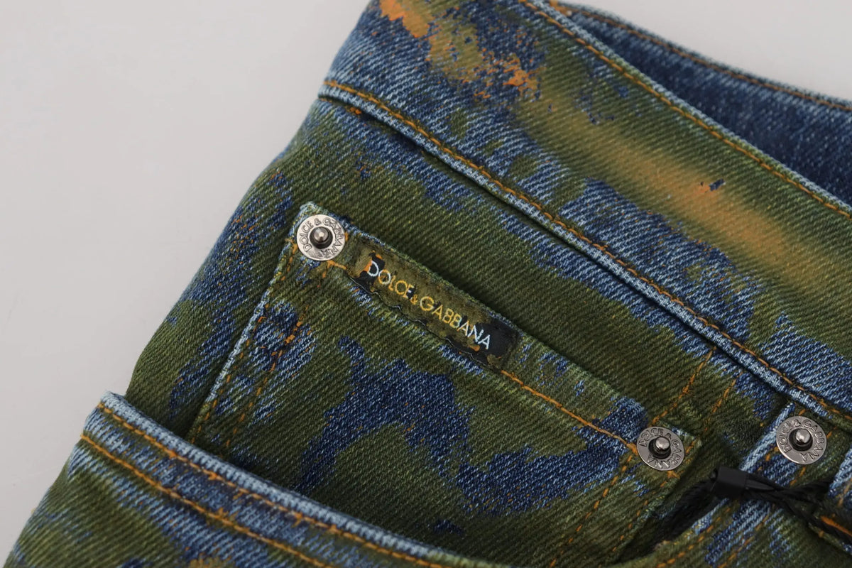 Jean skinny en denim coton bleu vert camouflage délavé par dolce & gabbana