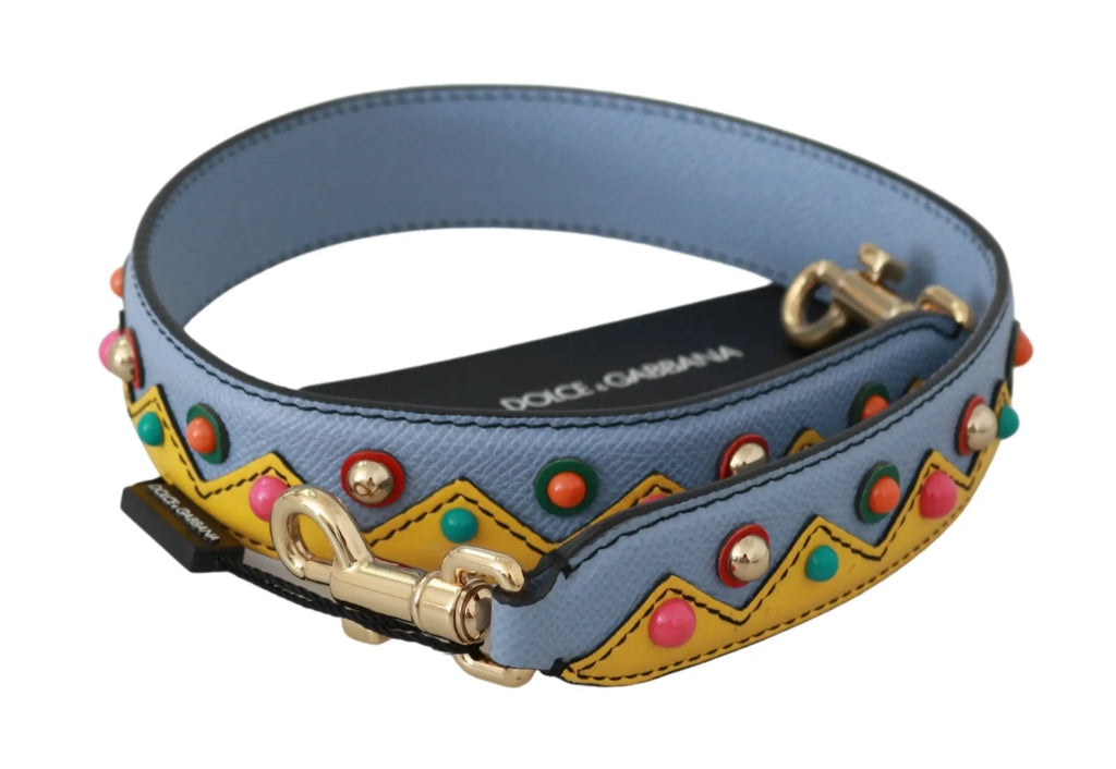 Sangle d’épaule en cuir bleu claire dolce & gabbana avec motif zigzag jaune et clous colorés rose vert orange or