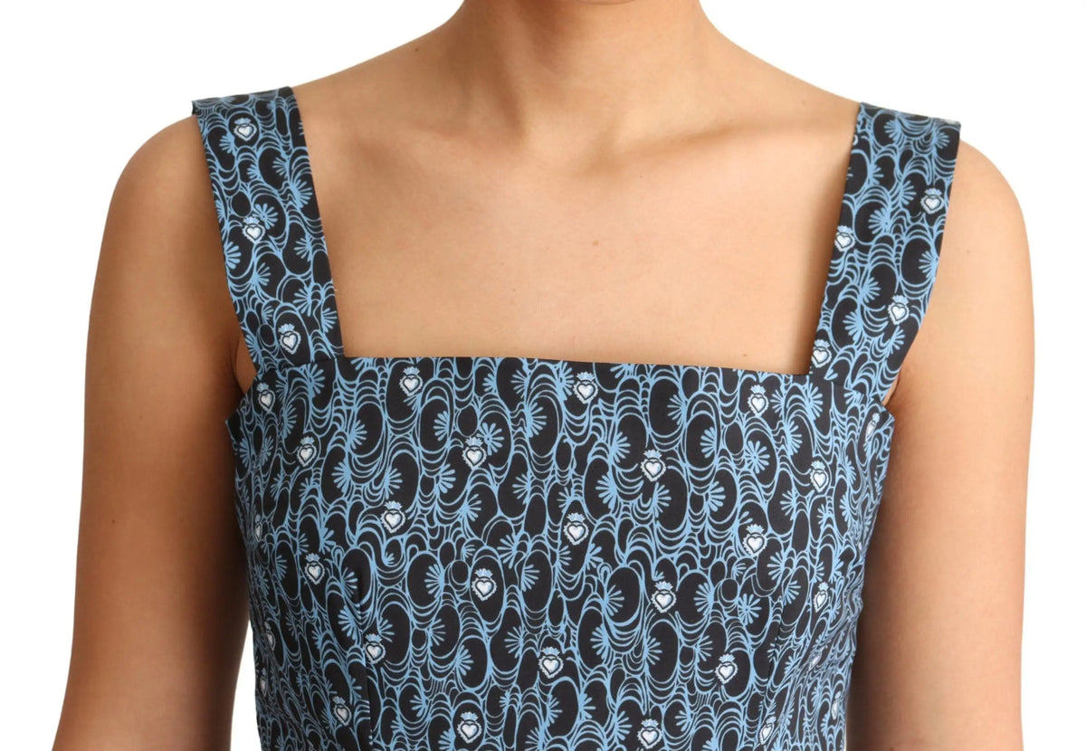 Robe bleu marine sans manches dolce gabbana en coton avec motifs floraux et cœurs bleu clair et bretelles carrées