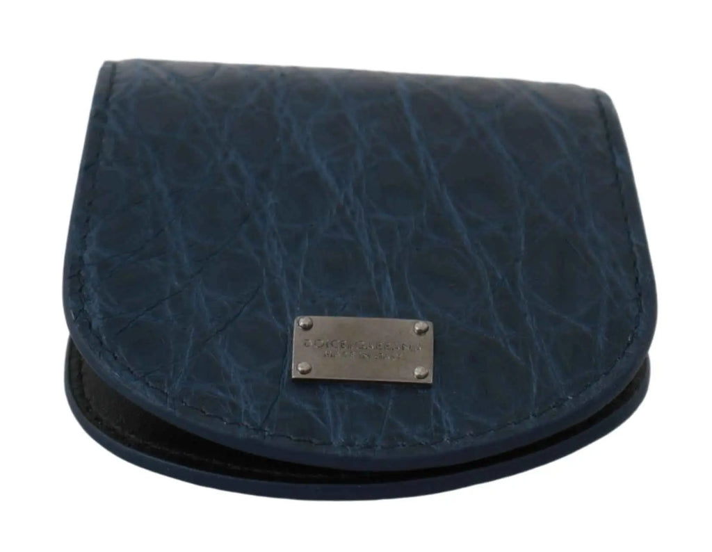 Portefeuille compact dolce & gabbana bleu en cuir exotique crocodile avec plaque métallique argentée