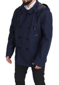 Manteau trench bleu marine dolce et gabbana à double boutonnage avec capuche et boutons noirs