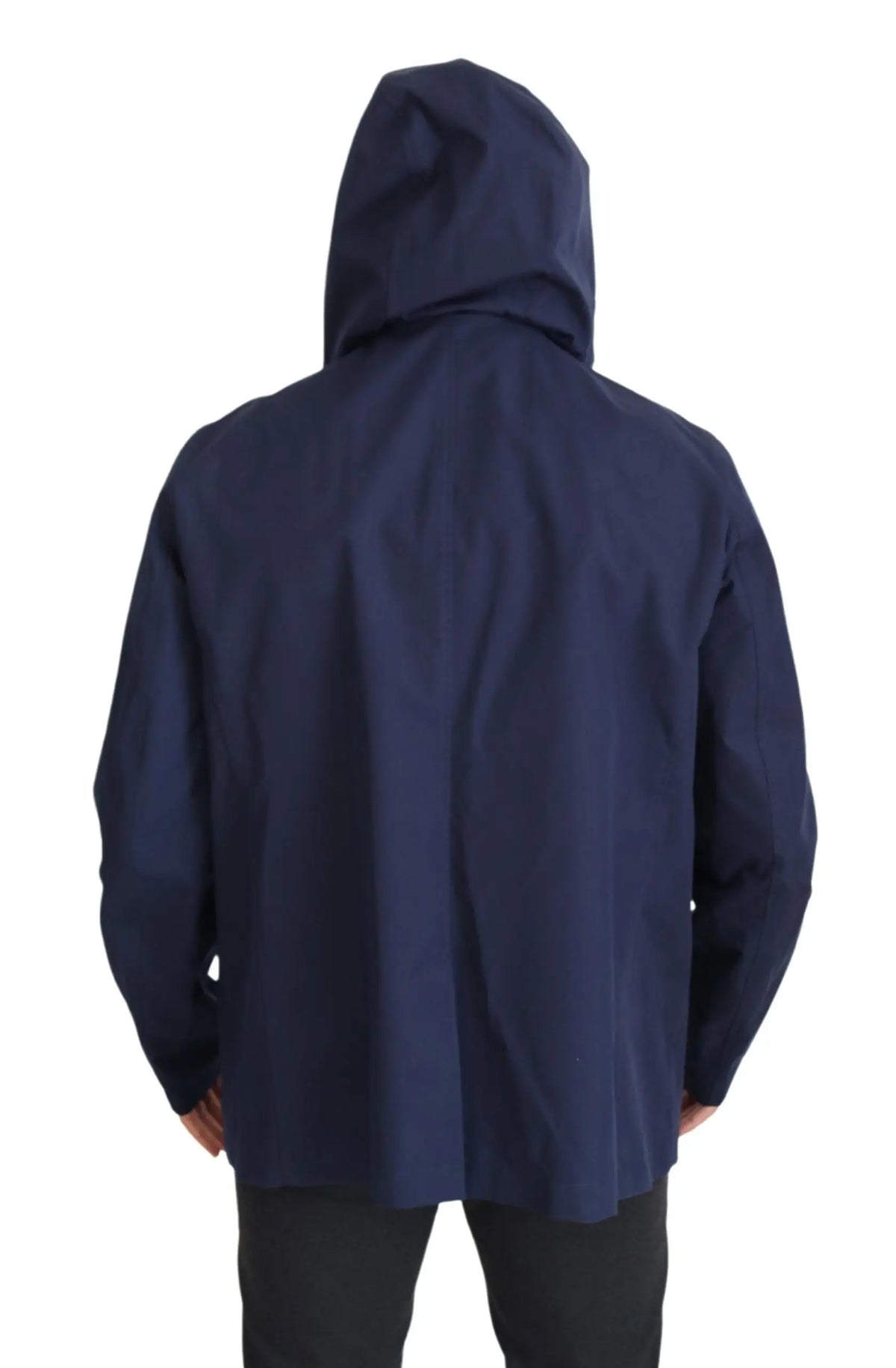Dark navy hooded double breasted coat jacket by dolce & gabbana with sleek water-resistant fabric and minimalist design