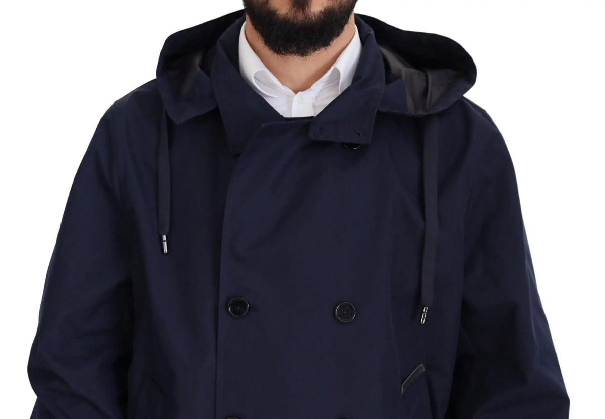 Dolce & gabbana manteau bleu marine à capuche croisé avec boutons noirs et cordons ajustables