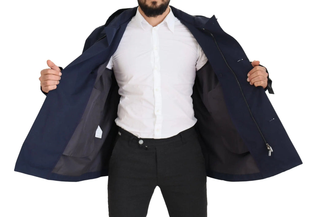 Manteau imperméable bleu marine à capuche dolce gabbana à double boutonnage avec design moderne et zips subtils
