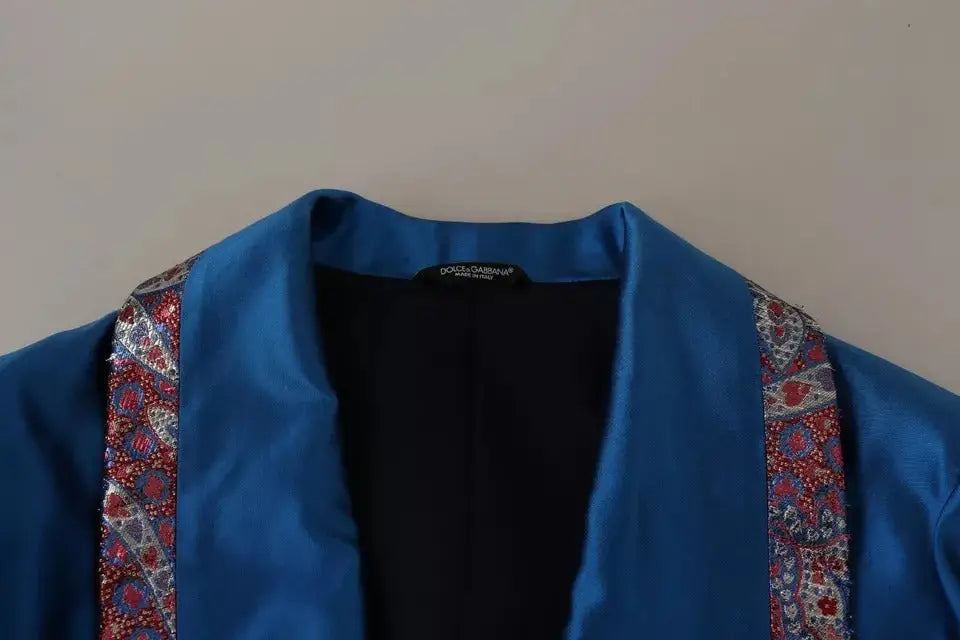 Dolce & gabbana blazer bleu vibrante en jacquard soie avec broderies paisley rouges blanches et argentées sur le col