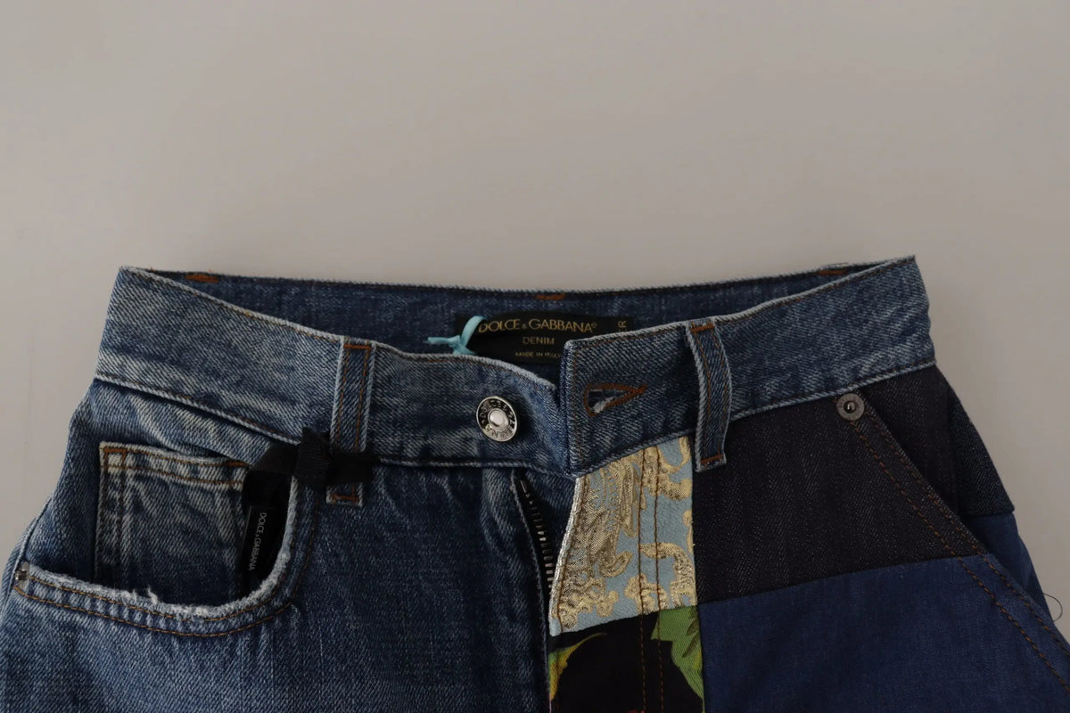 Jean bleu dolce & gabbana en denim à taille haute avec patchwork jacquard majolique et étiquette visible