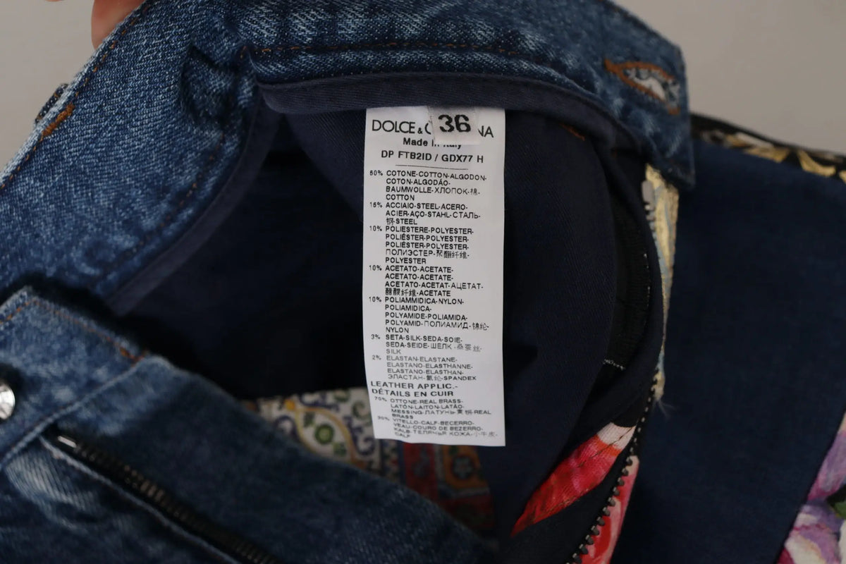 Veste en jean avec étiquette blanche cousue à l’intérieur du col pour pantalon dolce & gabbana bleu jacquard majolique taille haute