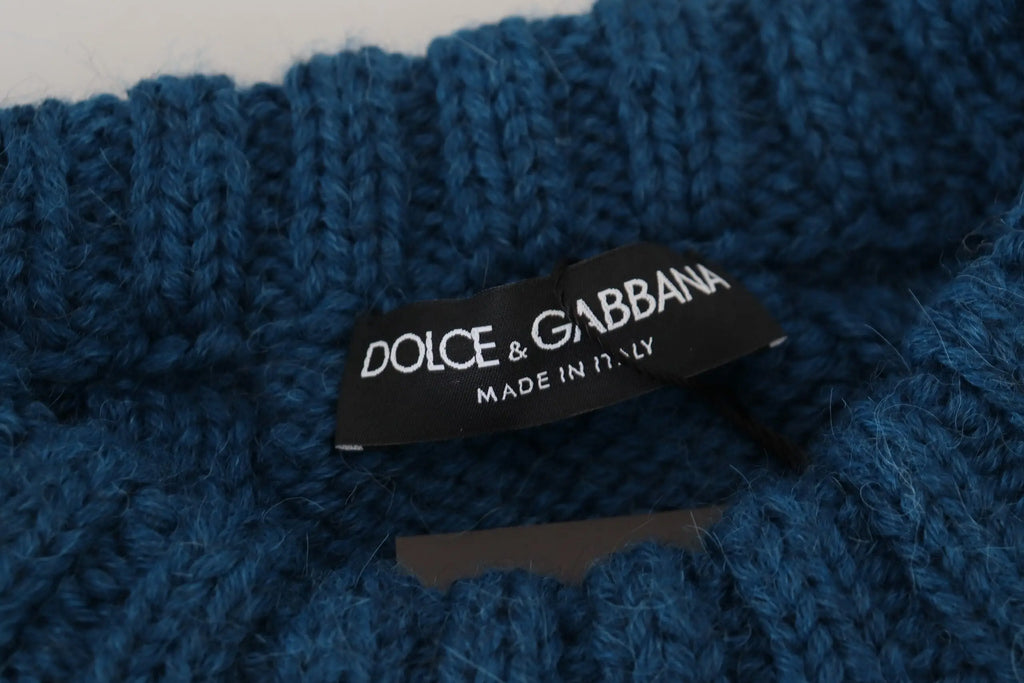 Pull en laine alpaga bleu dolce & gabbana avec étiquette noire et tricot profond