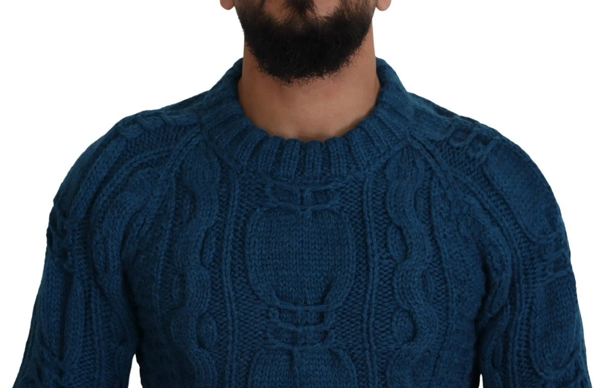 Pull en laine alpaga bleu dolce & gabbana à col rond avec motifs texturés en maille torsadée profonde