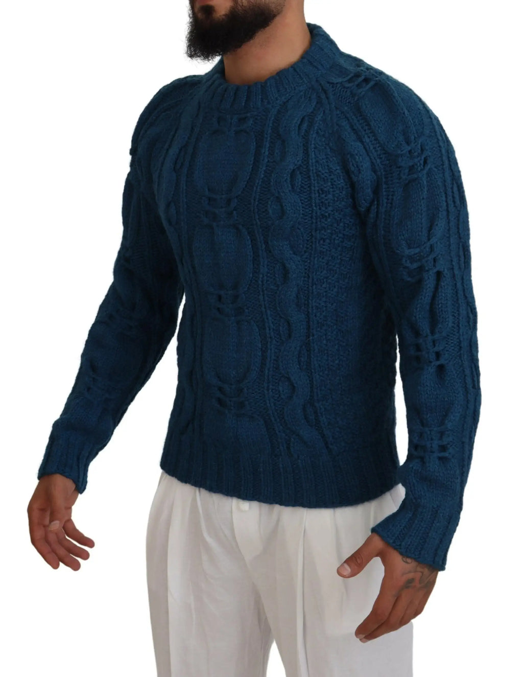 Dolce & gabbana pull en laine alpaga bleu avec motif en maille torsadée texturée profonde