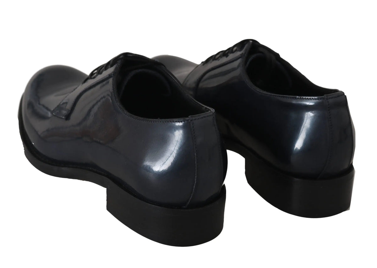 Dolce & gabbana blue leather derby dress formal shoes en cuir bleu avec finition vernie et talons carrés bas