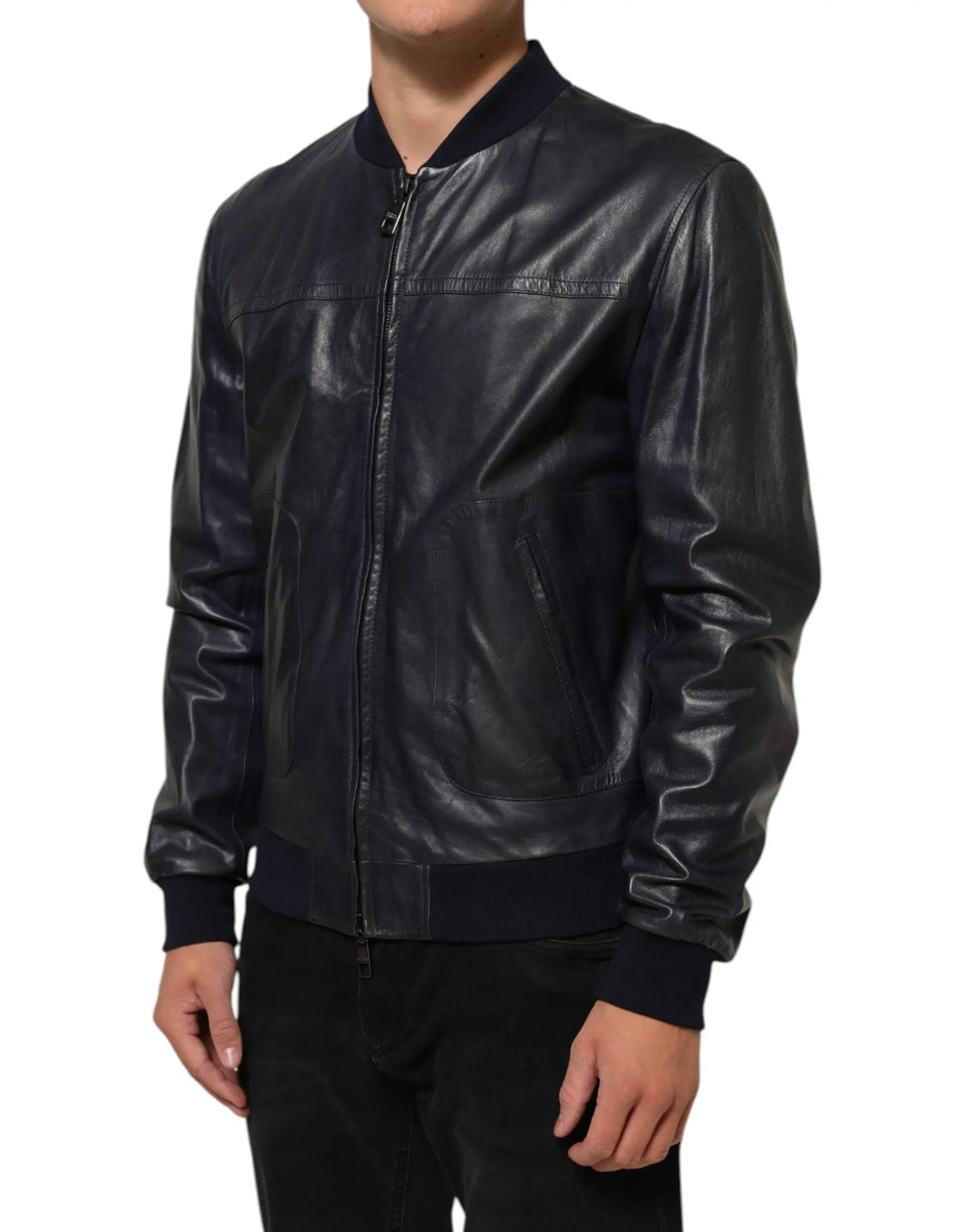 Veste blouson biker dolce & gabbana en cuir bleu avec fermeture éclair intégrale style bomber noir en cuir avec poignets et col côtelés