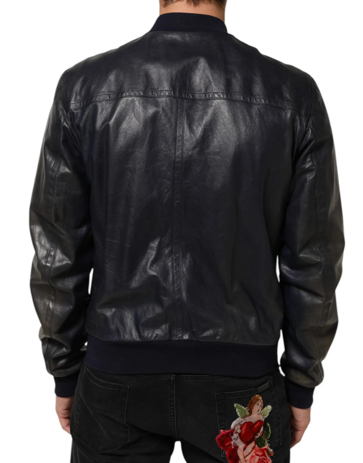 Veste blouson biker dolce & gabbana en cuir bleu à fermeture éclair intégrale vue arrière avec broderie rose rouge sur la poche