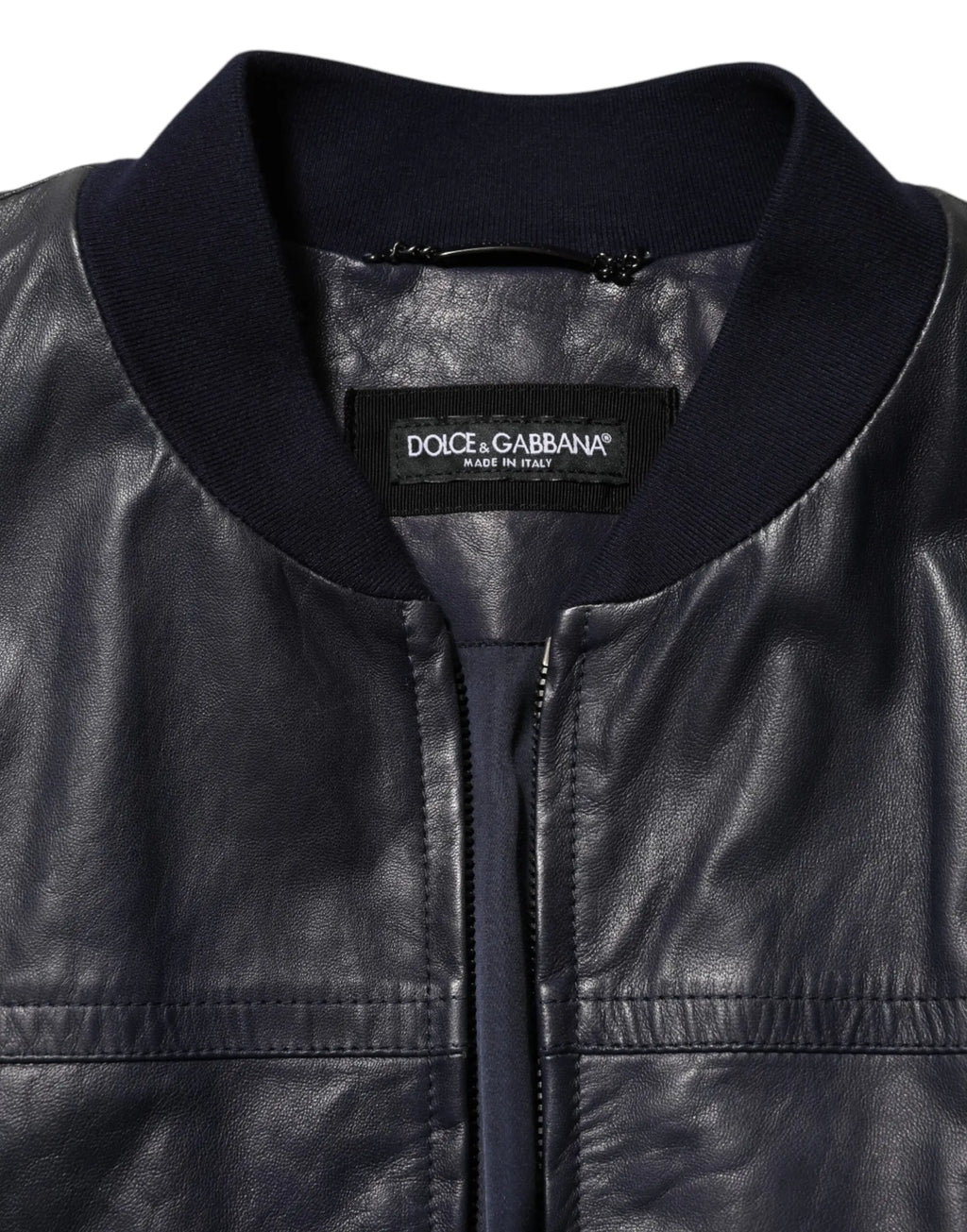 Blouson biker en cuir bleu dolce gabbana avec col côtelé et étiquette intérieure dolce gabbana