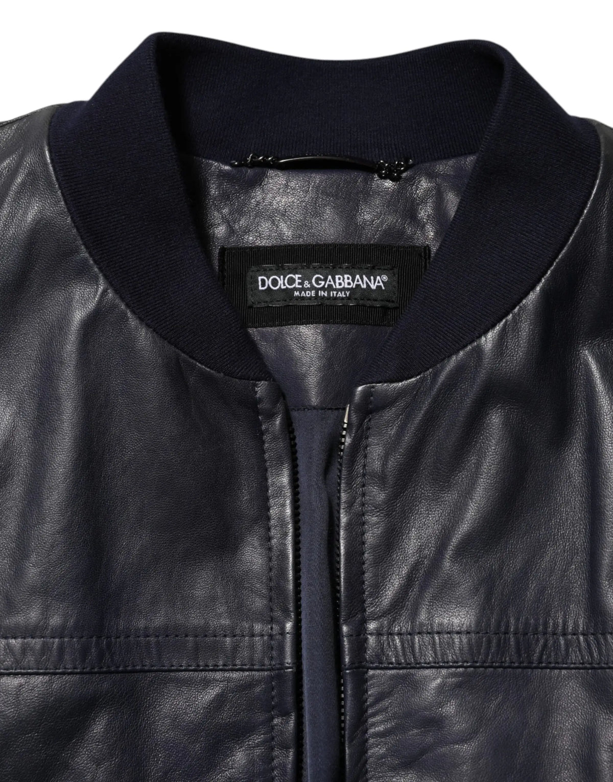 Blouson biker en cuir bleu dolce gabbana avec col côtelé et étiquette intérieure dolce gabbana