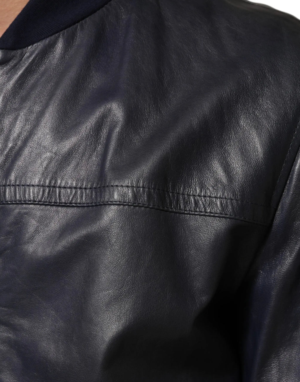 Veste blouson biker dolce & gabbana en cuir bleu avec fermeture éclair intégrale et finition lisse légèrement brillante