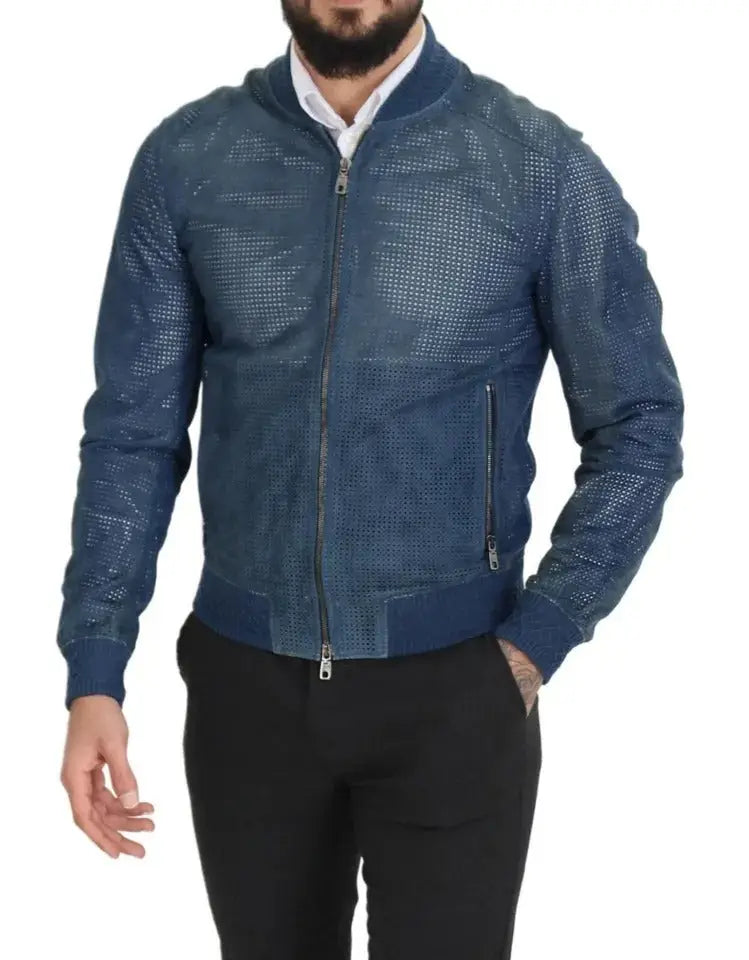 Dolce & Gabbana veste aviateur en cuir bleu perforé avec motif texturé subtil et fermetures éclair argentées
