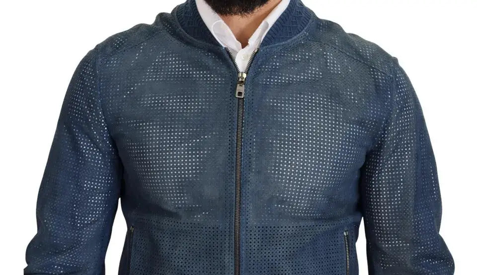 Veste bomber en cuir bleu foncé perforé dolce & gabbana à fermeture éclair frontale avec texture subtile