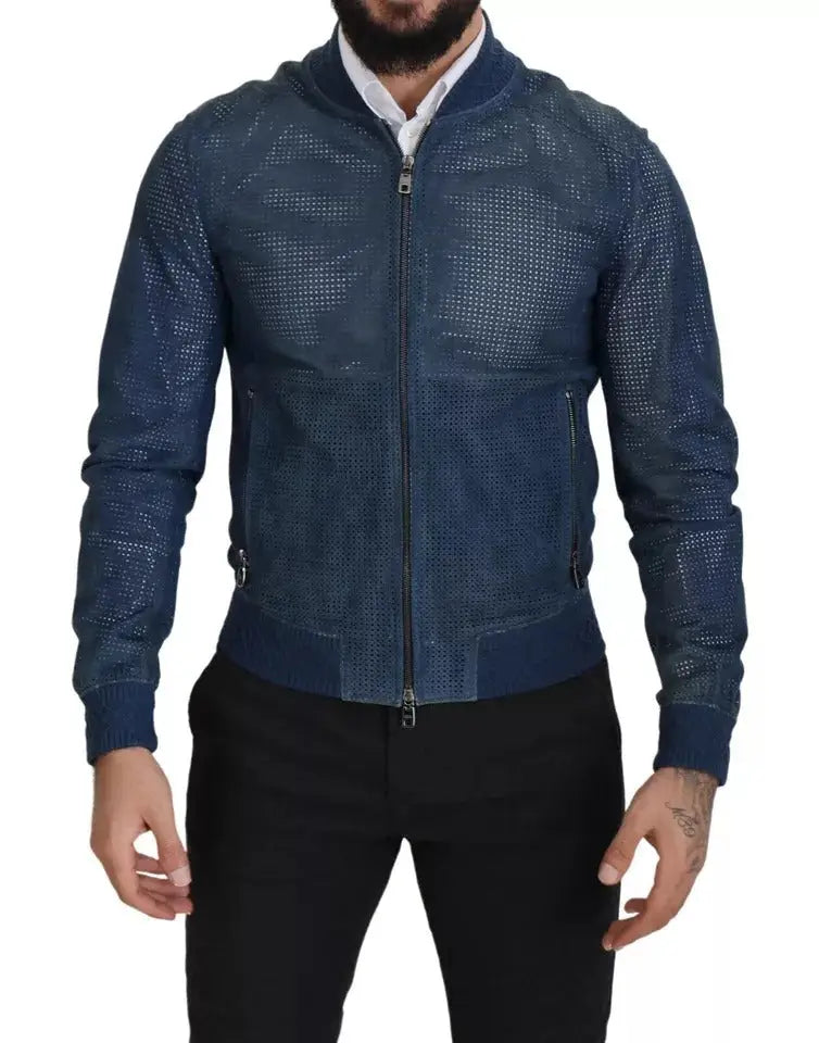 Dolce & gabbana bleu veste bomber en cuir perforé avec fermeture éclair et poignets côtelés